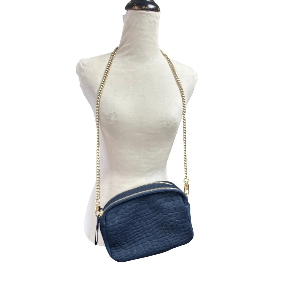 Stella & Dot Navy Embossed Croc Crossbody Camera Bag Gold Chain Strap